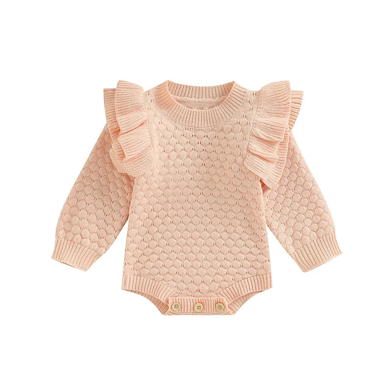 Adorable Baby Girls Knitted Ruffle Romper with Long Sleeves Solid Color