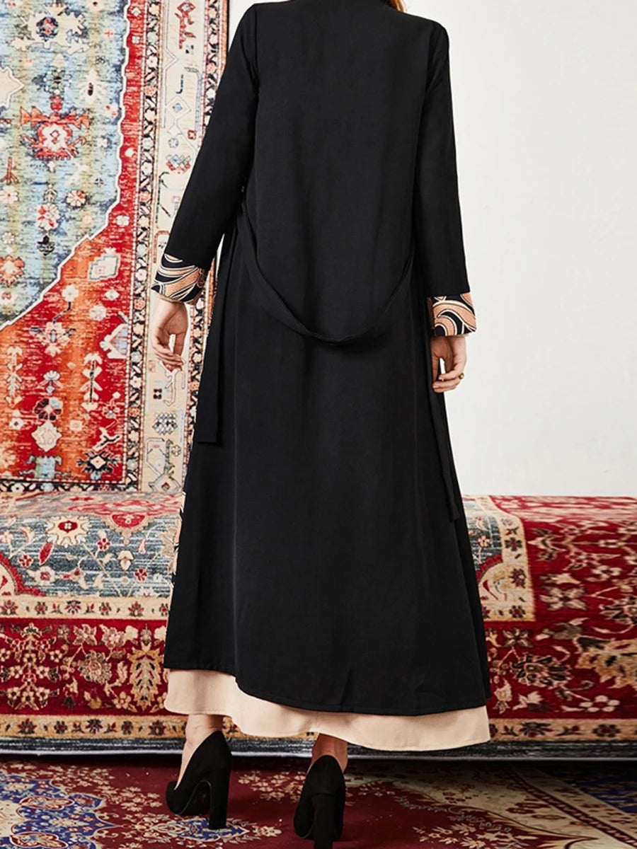 Elegant Floral Print Maxi Dress with Bell Sleeves and Waist Tie for Women