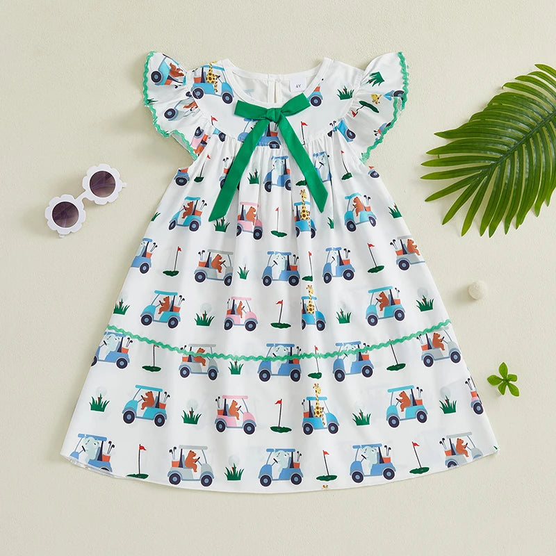 Girls Summer Sleeveless Round Neck Floral Print A-line Dress with Bow Detail and Ruffle Hem