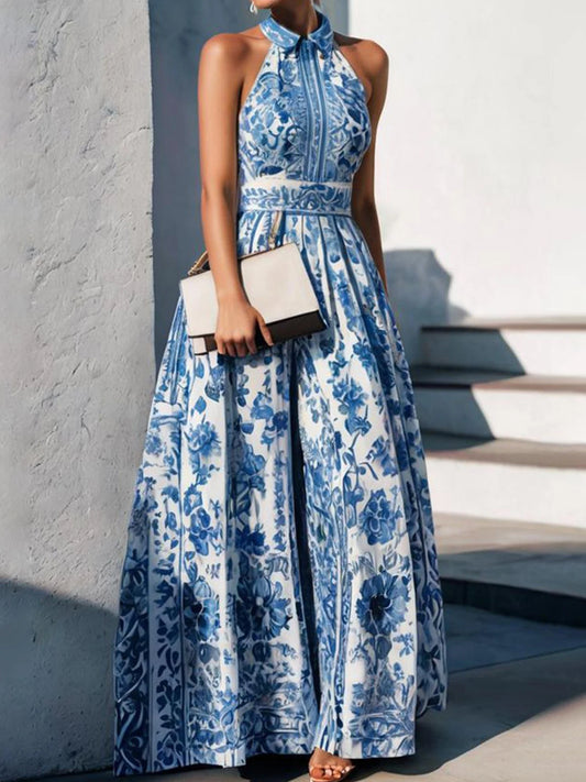 2025 New Blue and White Floral Print Women's Long A-Line Dress, Open Chest Collar