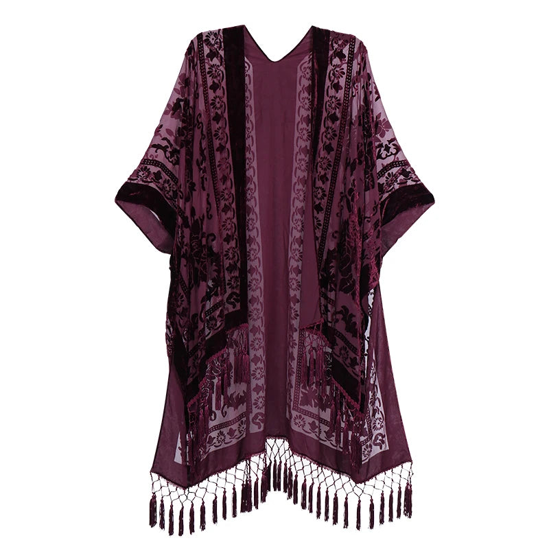 WeHello Women's Burnout Velvet Kimono Long Cardigan Cover Up with Tassel