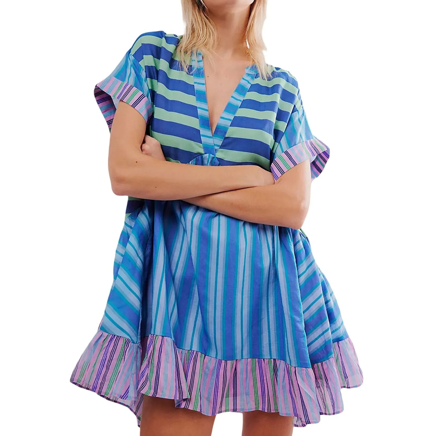 Women Boho Beach Mini Dress 2024 Summer V Neck Short Sleeve