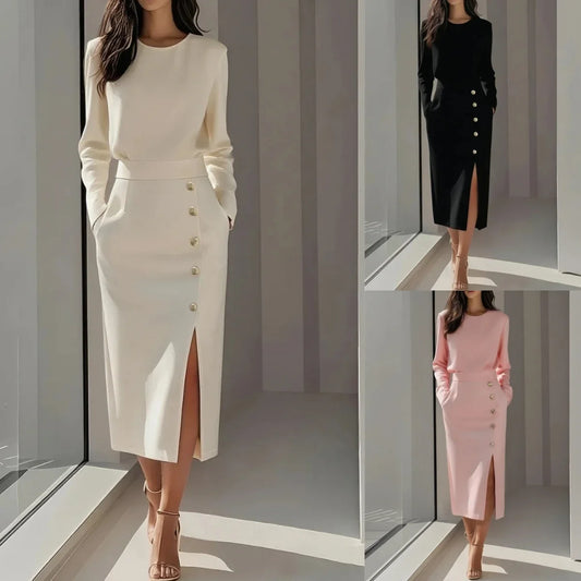 Solid Color Long Sleeves Pocket Button Decorated Slit Midi Dress