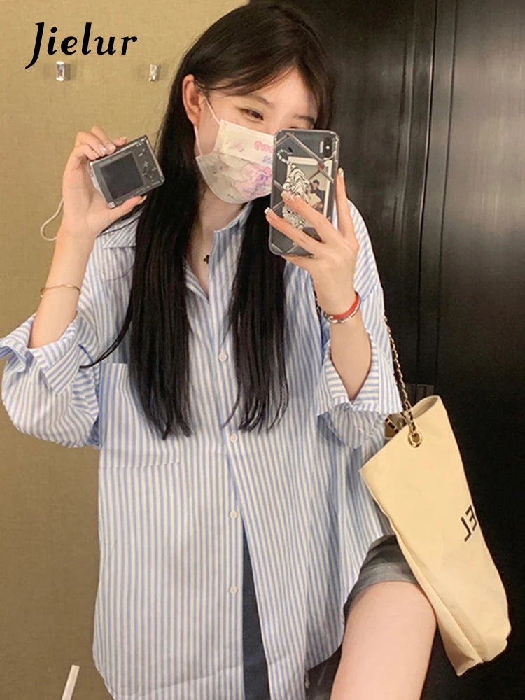 Jielur Spring Pink Striped Women's Shirts Summer Loose Blue Pockets