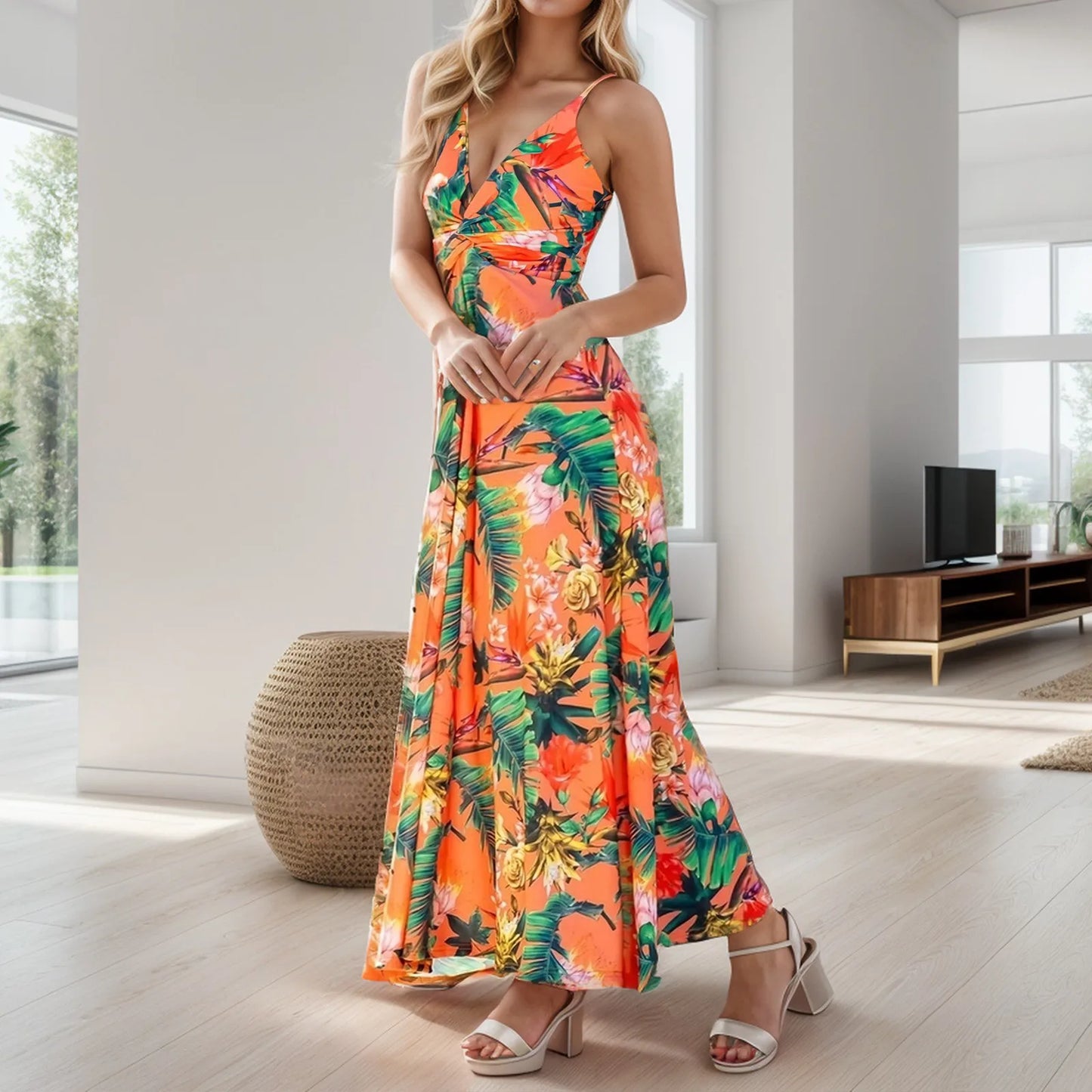 Strappy Boho Beach Long Dress 2024 Women's Summer V Neck Slim Sleeveless