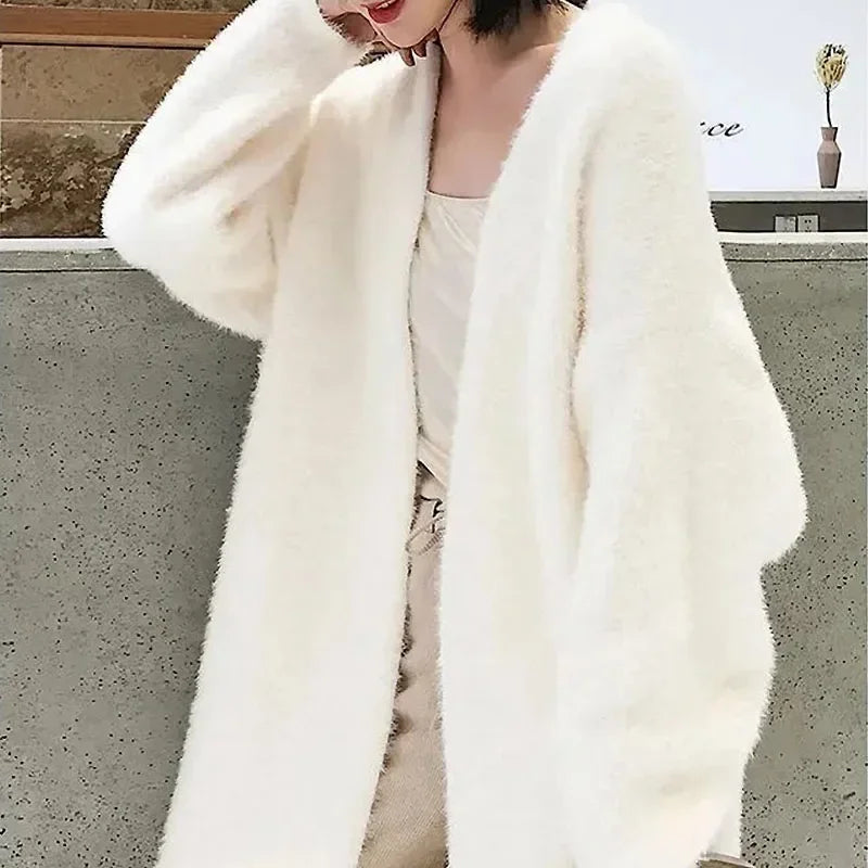 Fluffy Knitted Long Sleeve Cashmere Cardigan For Women Winter