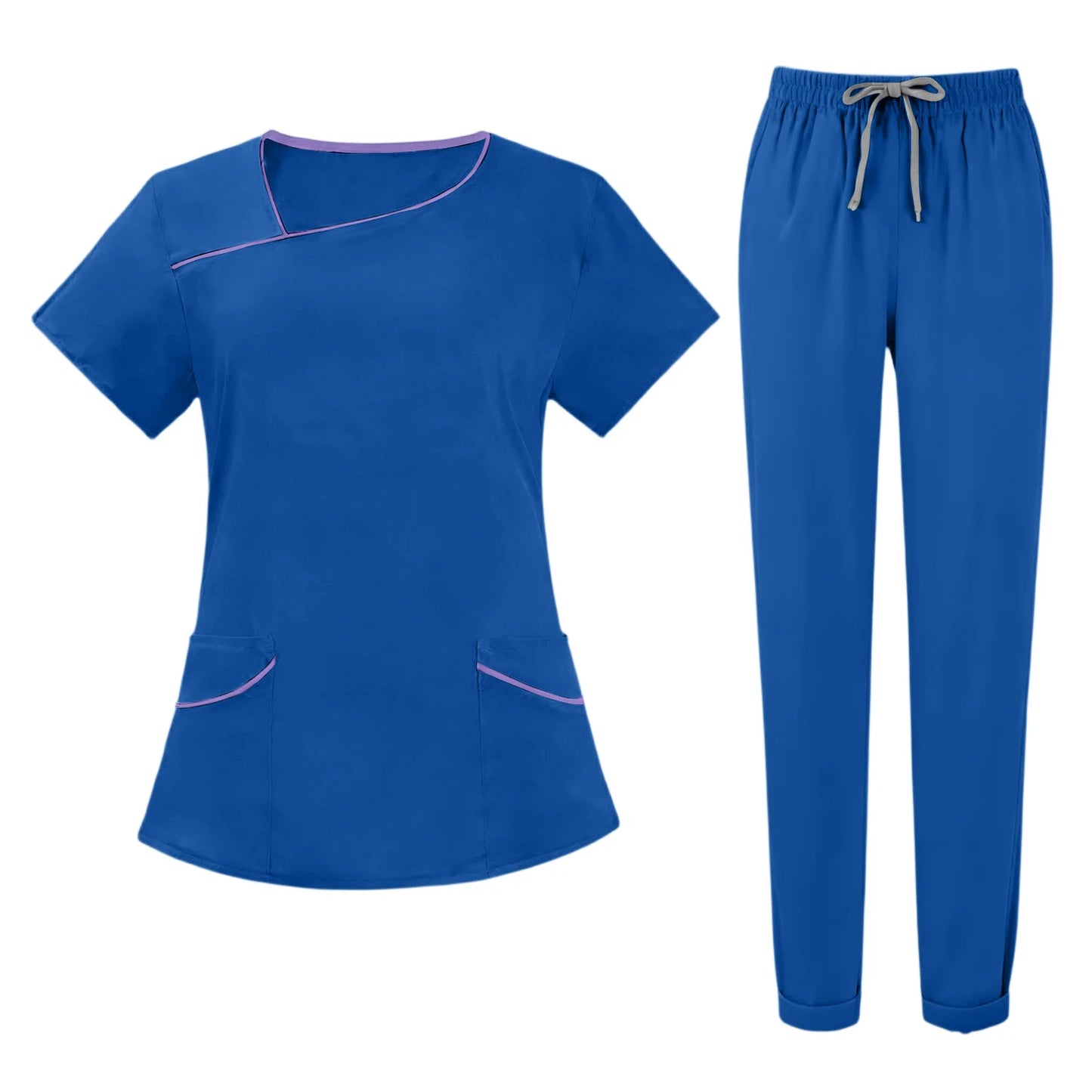 Women's Nurse Scrub Set Asymmetric Neck Short Sleeve Multi-Color Contrast Pocket Long Pants Medical Cozy Professional Workwear