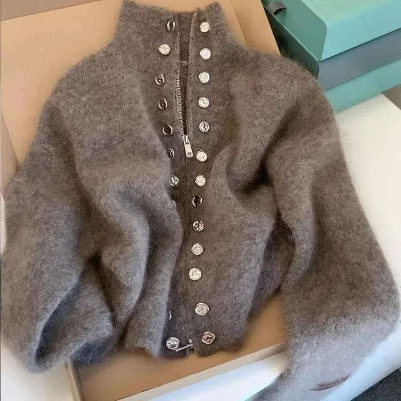 Fluffy Knitted Cardigan Sweater Double Breasted Coat For Women