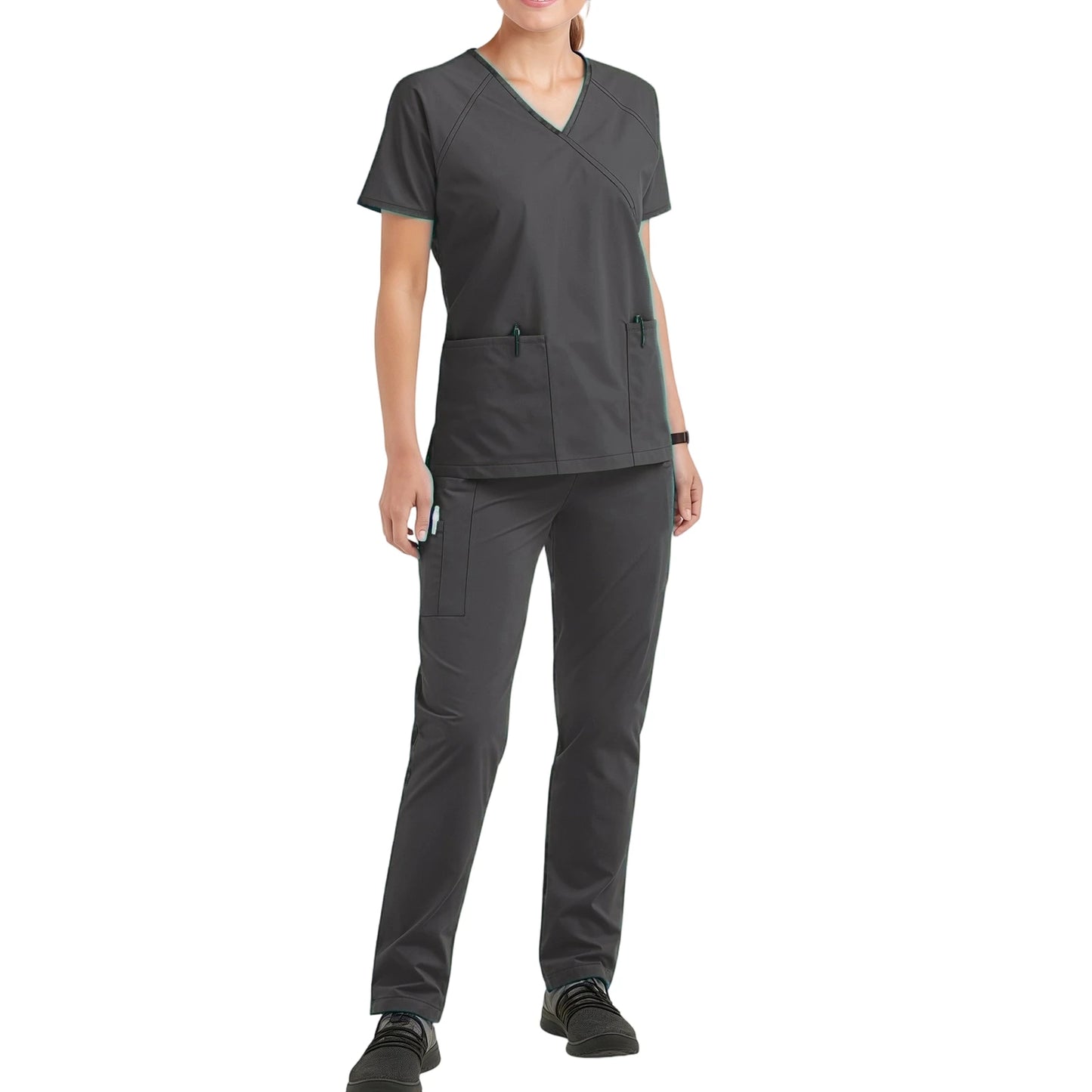 Women's Nurse Scrub Set V-Neck Short Sleeve Multi-Color Zipper Pocket Long Pants Medical Uniform Cozy Professional Workwear
