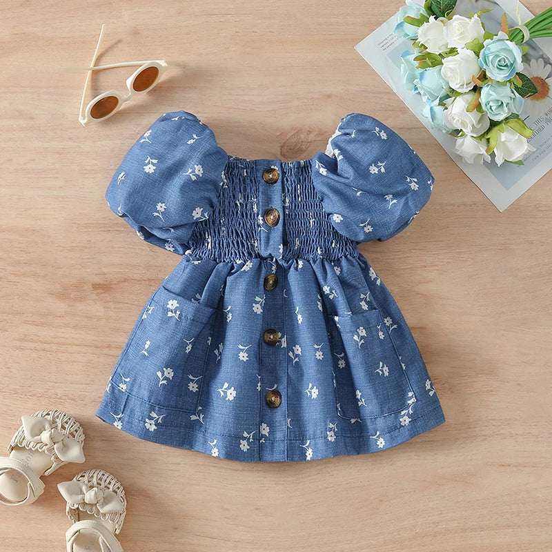 Girls Summer Floral Print Off Shoulder A-line Dress with Short Puff Sleeves -