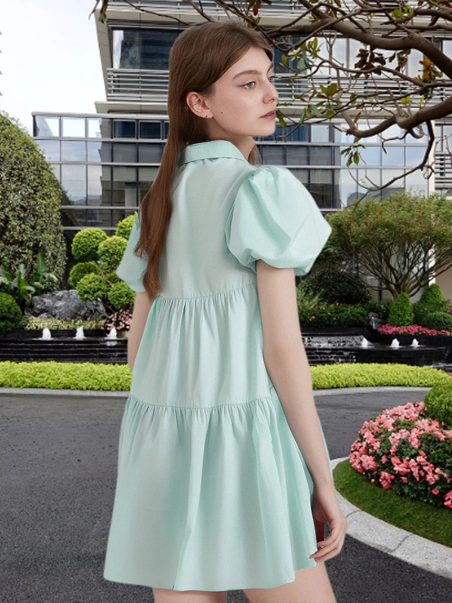 Women s Casual Loose Fit Mini Dress with Short Puff Sleeves and Round Neckline