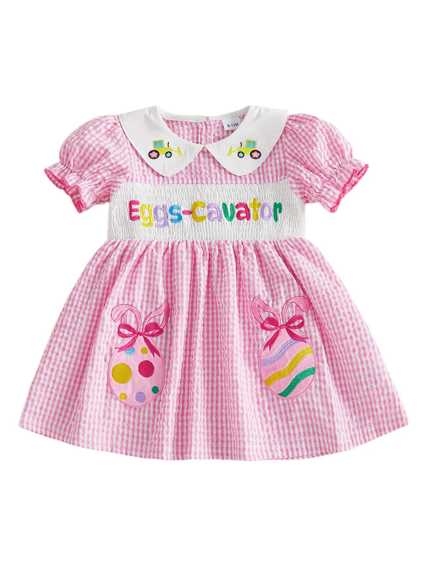 Little Girls Easter Dress Summer Short Sleeve Doll Collar Egg Letter Embroidery Plaid Dress