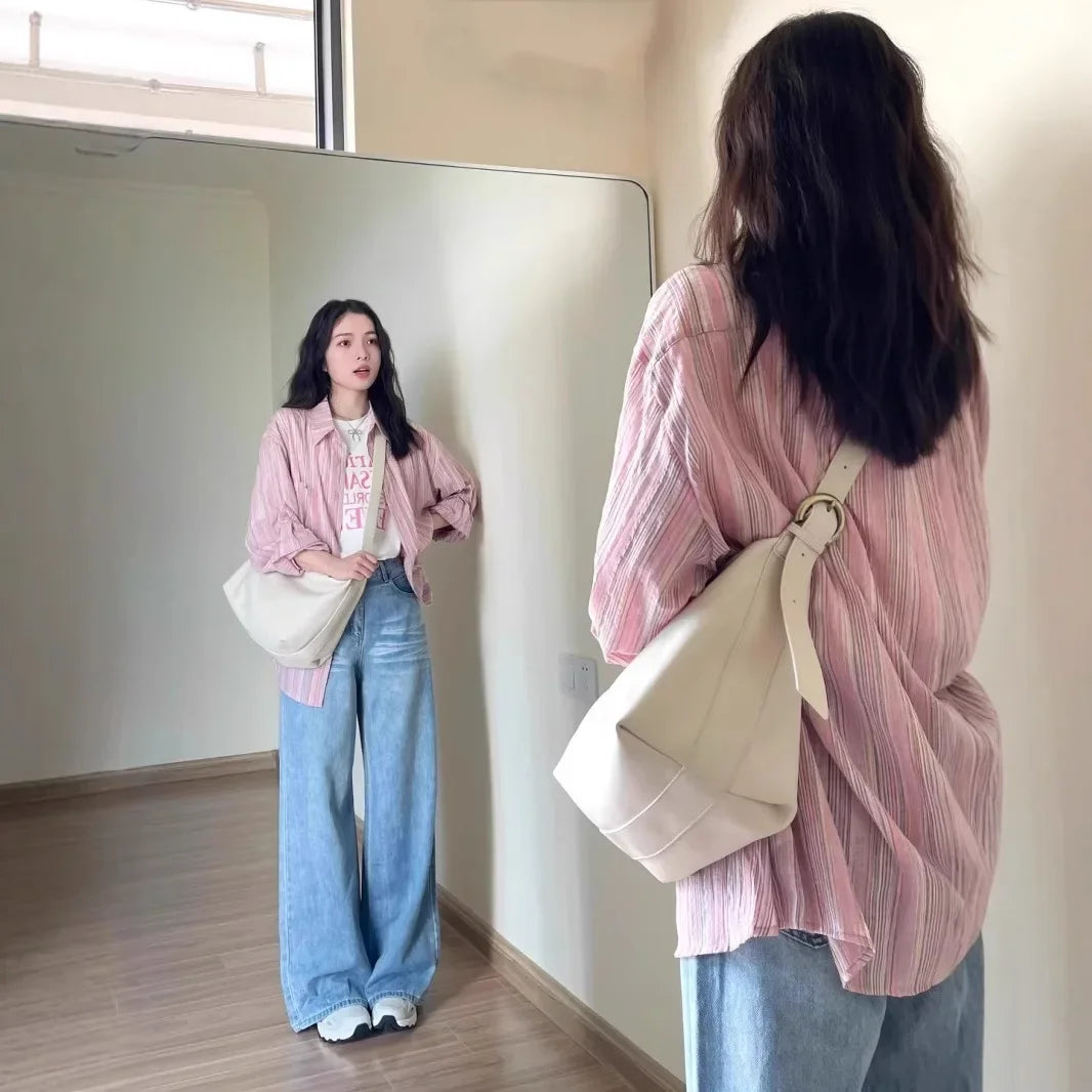 Pink Striped Women's Shirt Thin New Style Summer Sun Protection