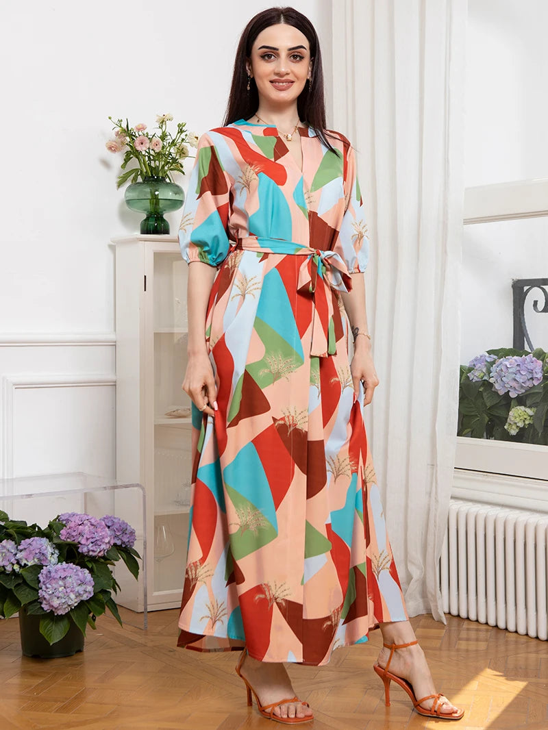 Simplicity V-neck Geometry Plant Split fork Belt Lantern sleeve Long Dresses