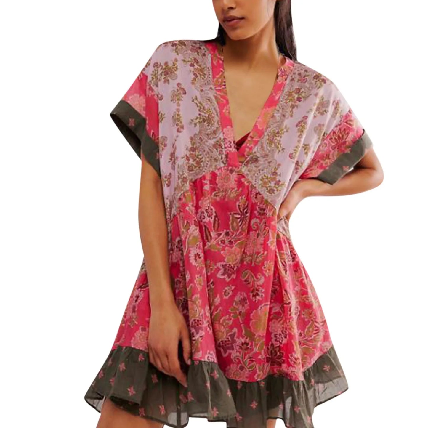 Women Boho Beach Mini Dress 2024 Summer V Neck Short Sleeve