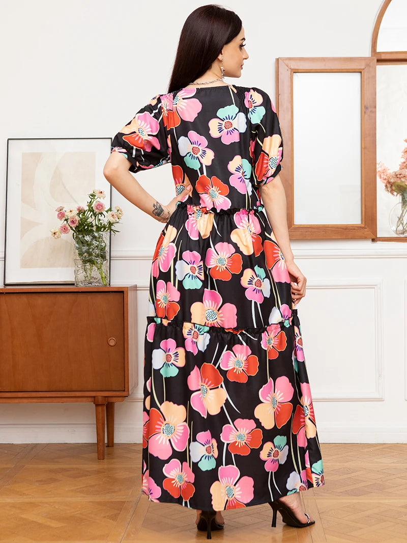 Sweet Round neck Flowers Plant Pocket Buttons Lantern sleeve Long Dress