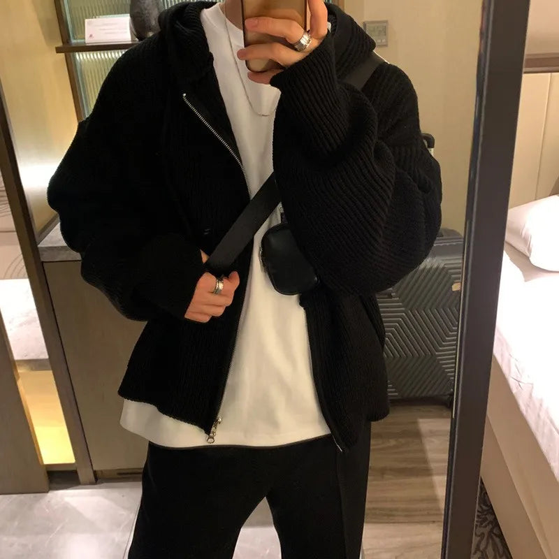 Men's Korean Light Luxury Knit Hooded Cardigan Sweater Casual