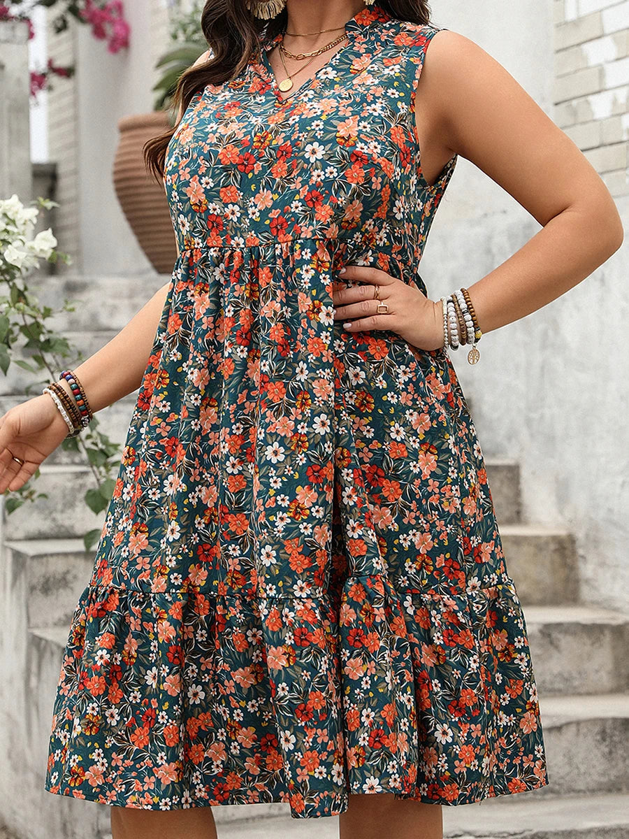 Women Plus Size Dress Geometric Print Round Neck Sleeveless Casual Dress