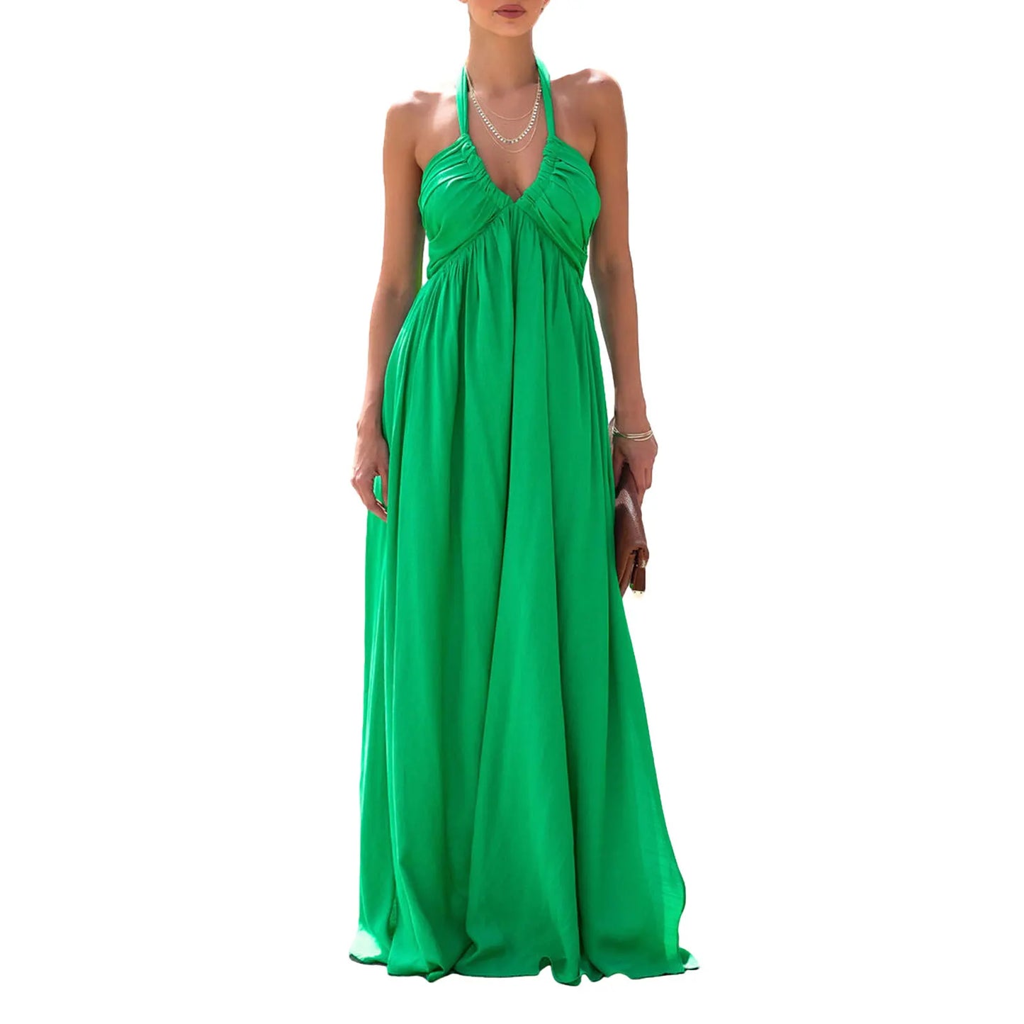 Women Summer Casual Long Dress Solid Color Tie-Up Halter Neck Sleeveless