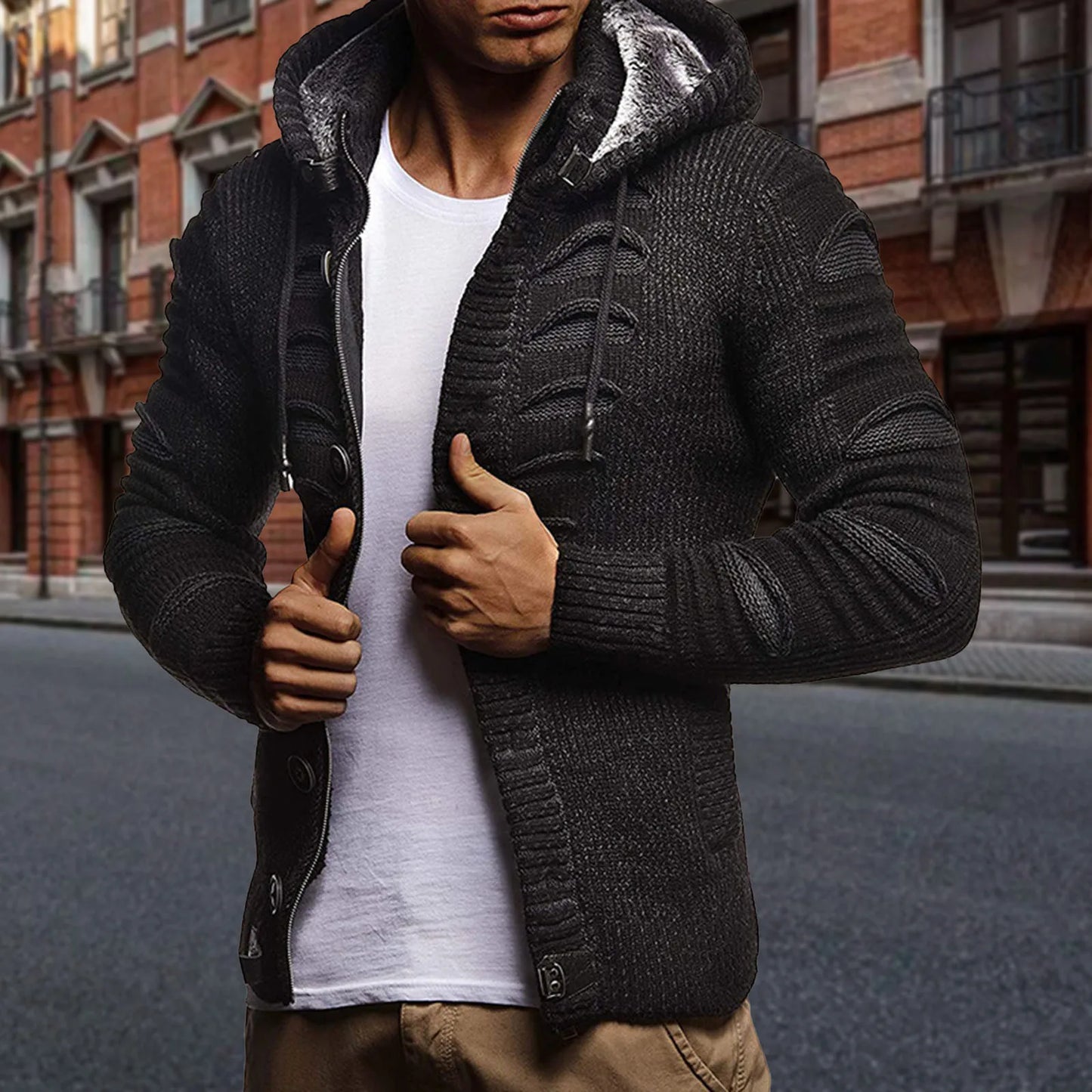 Hooded Cardigan Coat Windbreaker Knitwear For Men Korean Style