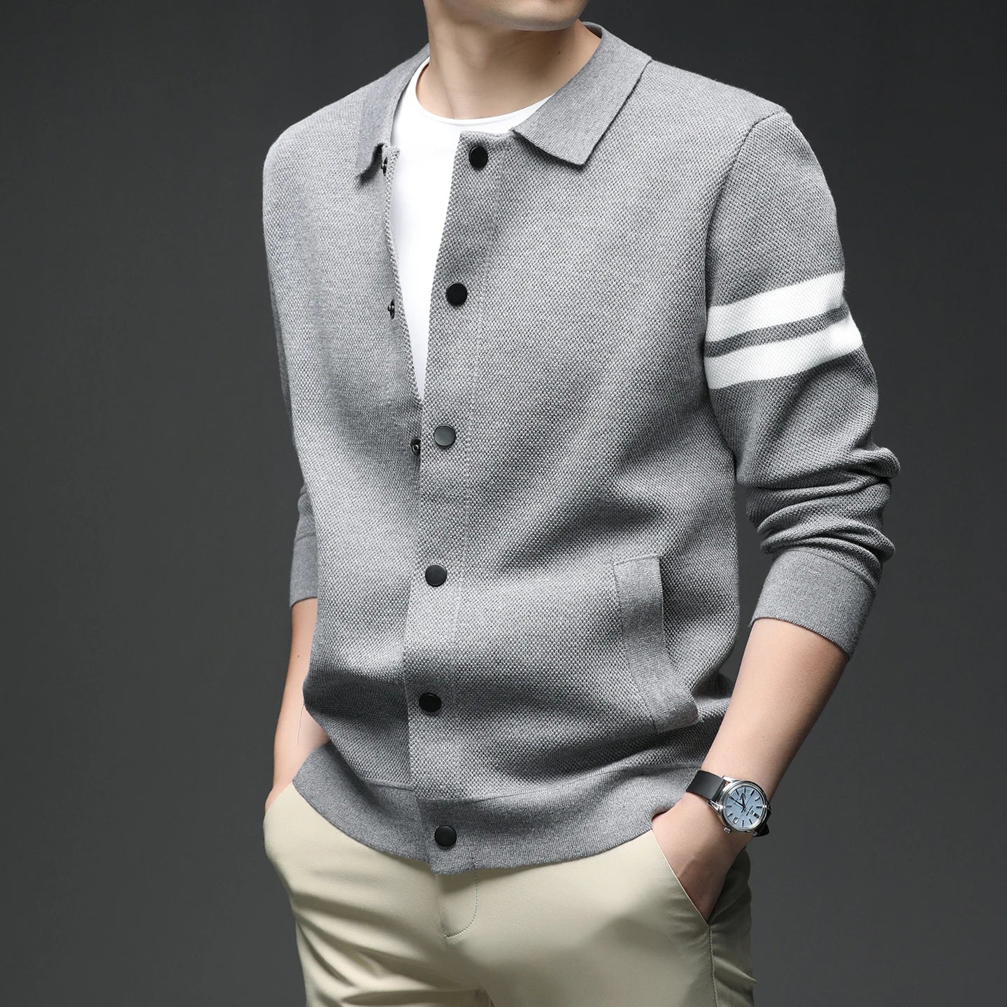 Men's Striped Knit Cardigan With Zipper And Pockets