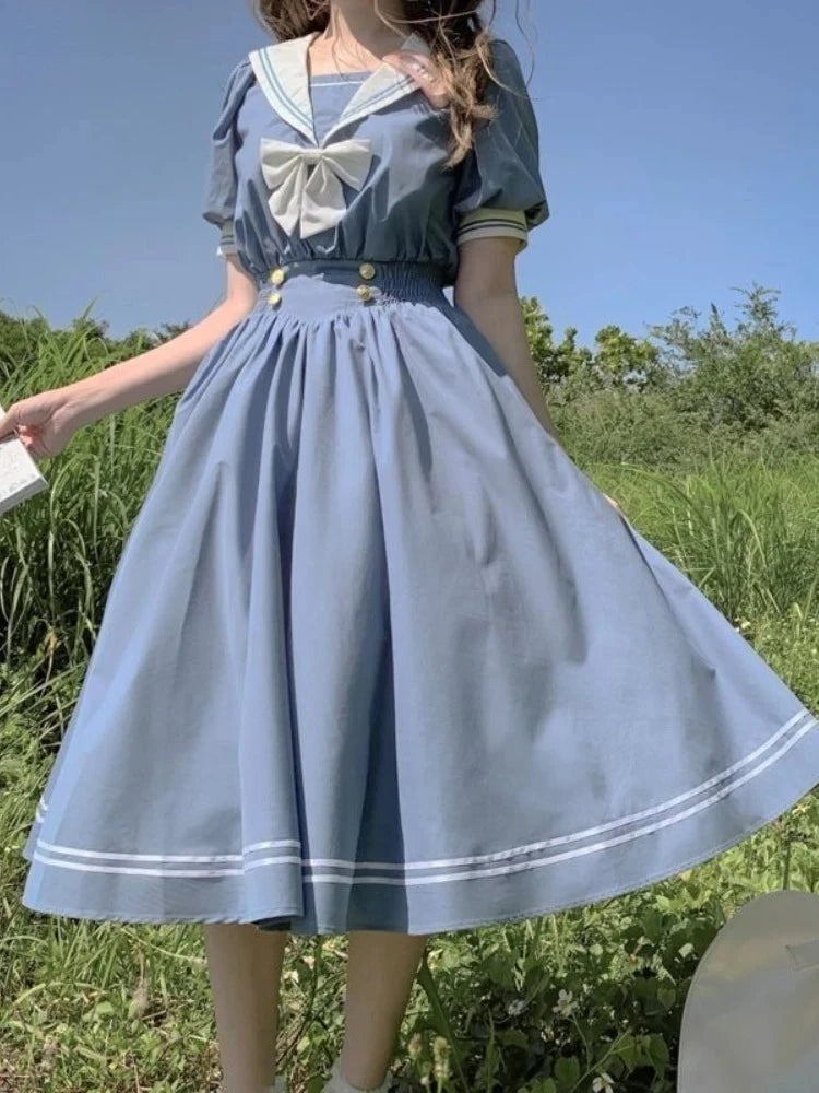 Japanese Lolita Style Puff Sleeve Dress For Women With Bow