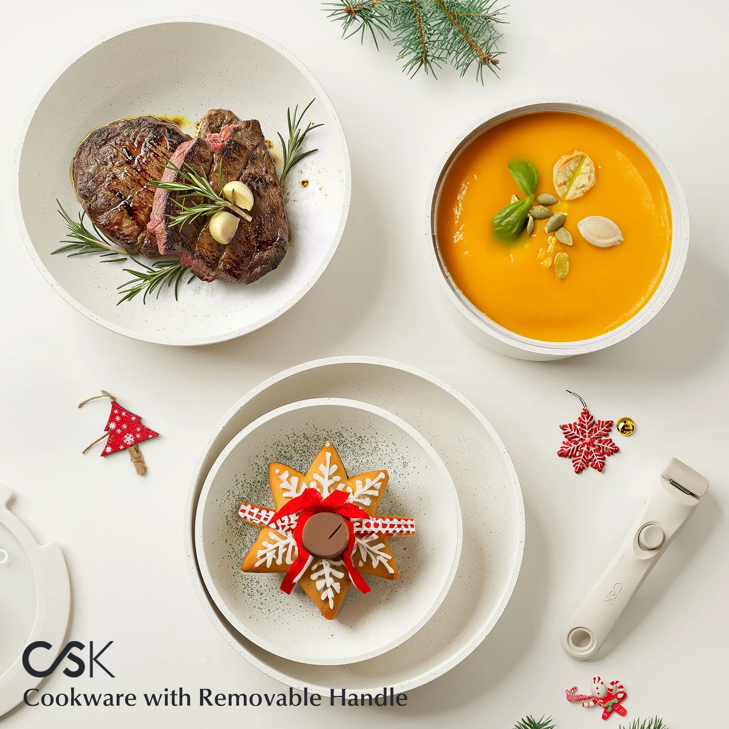 17 Piece Nonstick Skillet and Saucepan Set with Silicone Lid and Utensils Induction, Detachable Handle, Oven Available, Beige