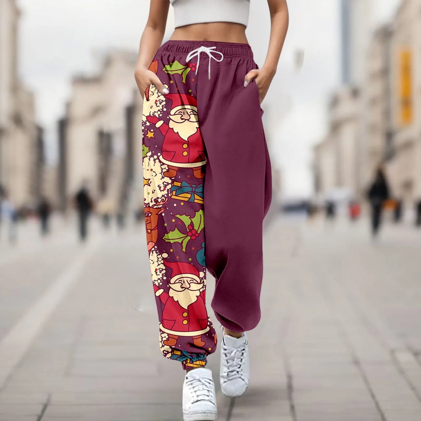 Merry Christmas Pants For Women Fashion Trousers Cartoon Reindeer Print