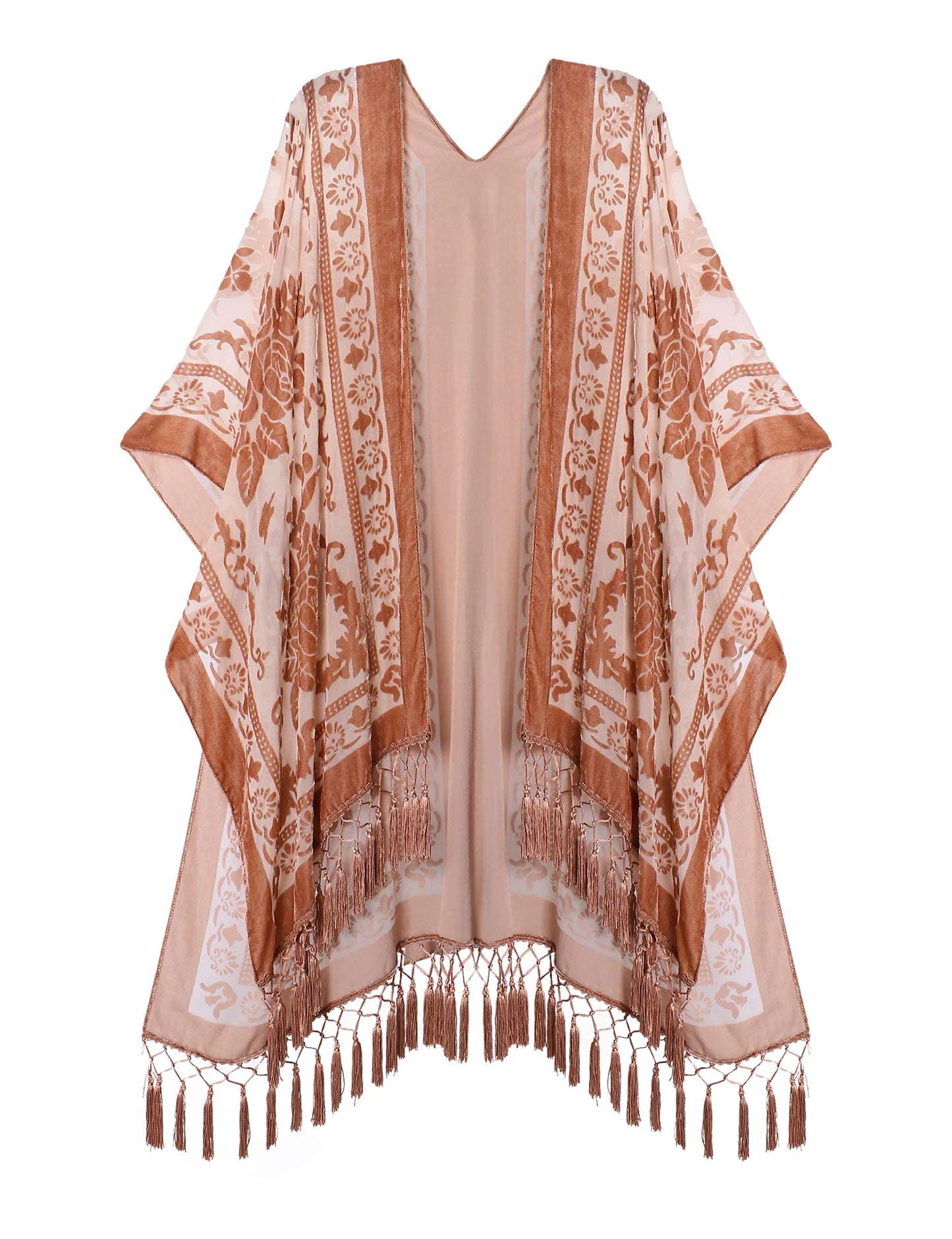 WeHello Women's Burnout Velvet Kimono Long Cardigan Cover Up with Tassel