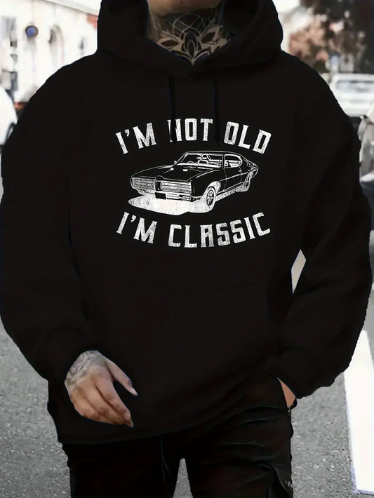 Men's retro car-pattern hooded sweatshirt - 70s/80s muscle car design, with the slogan