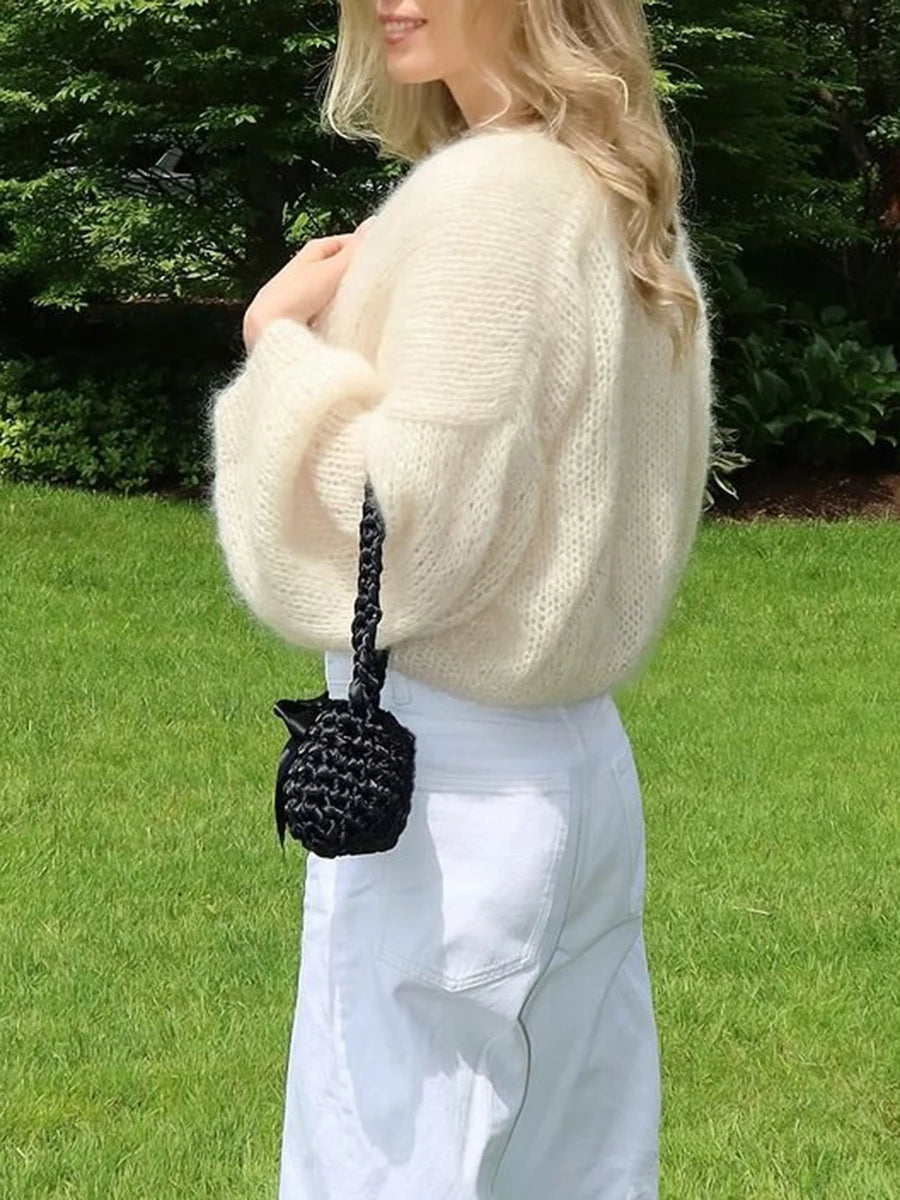 Knit Cardigan Open Front Long Puff Sleeve Women Jacket