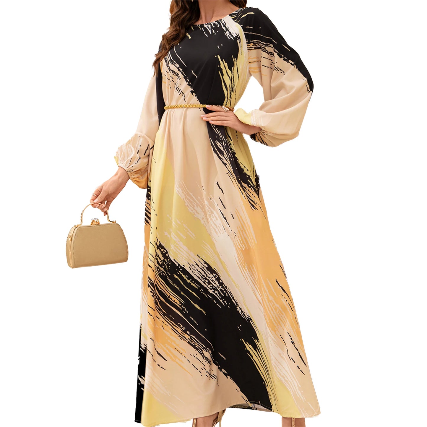 Elegant Floral Print Maxi Dress with Long Sleeves and Round Neckline