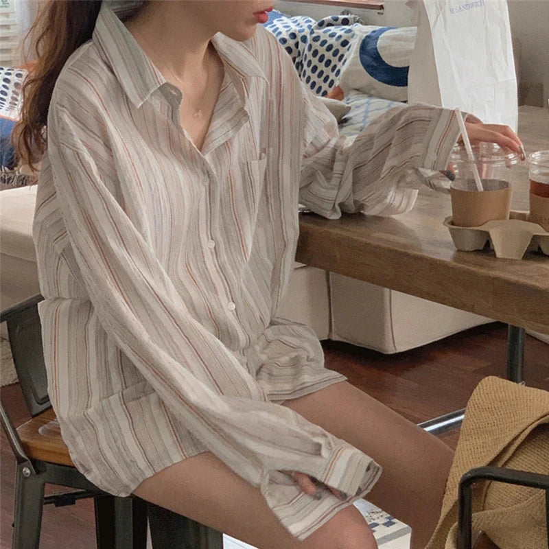 MEXZT Vintage Striped Shirts Women Korean Fashion Simple Long Sleeve