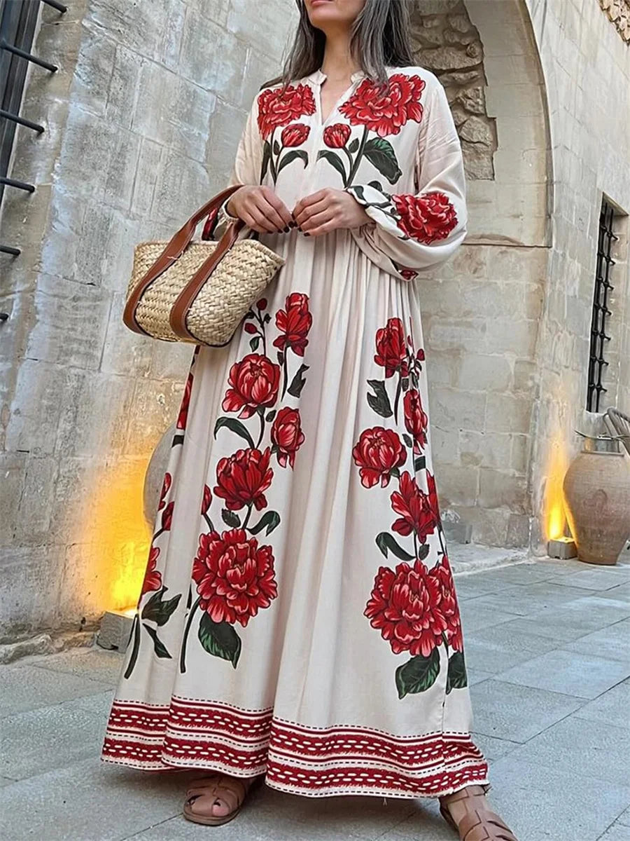 Women s Elegant Floral Print V-Neck Long Sleeve Maxi Dress for Casual Fall Style