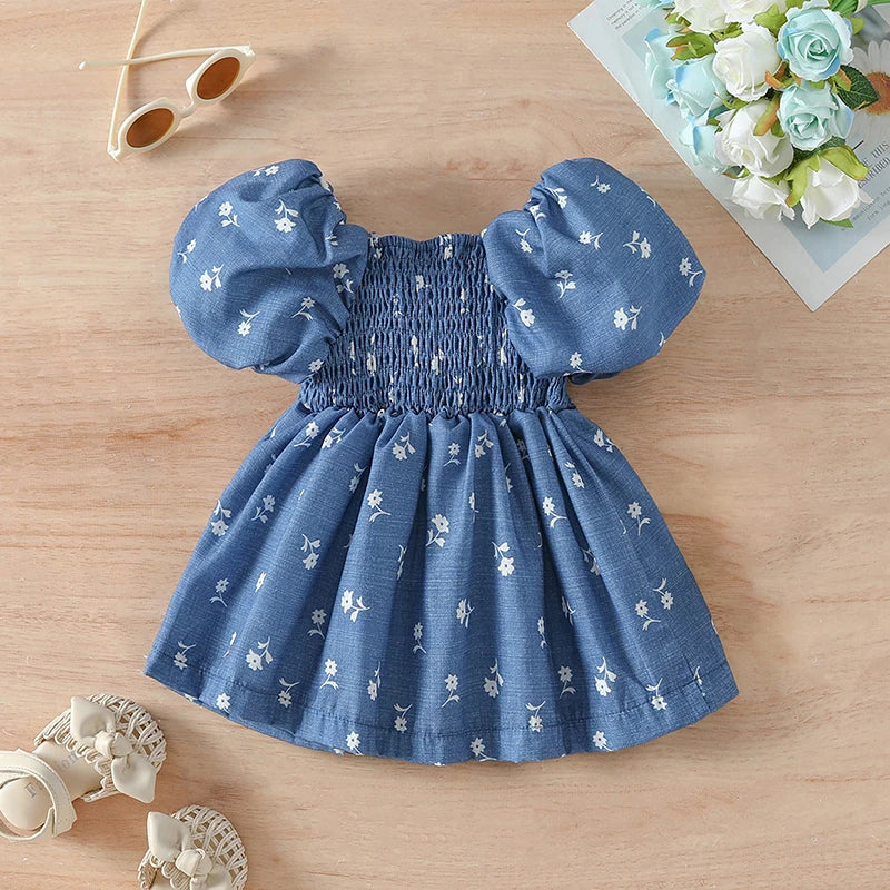 Girls Summer Floral Print Off Shoulder A-line Dress with Short Puff Sleeves -