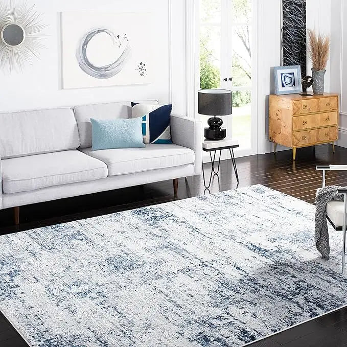 8ft x 10ft Ivory & Blue Rug Modern Abstract Design