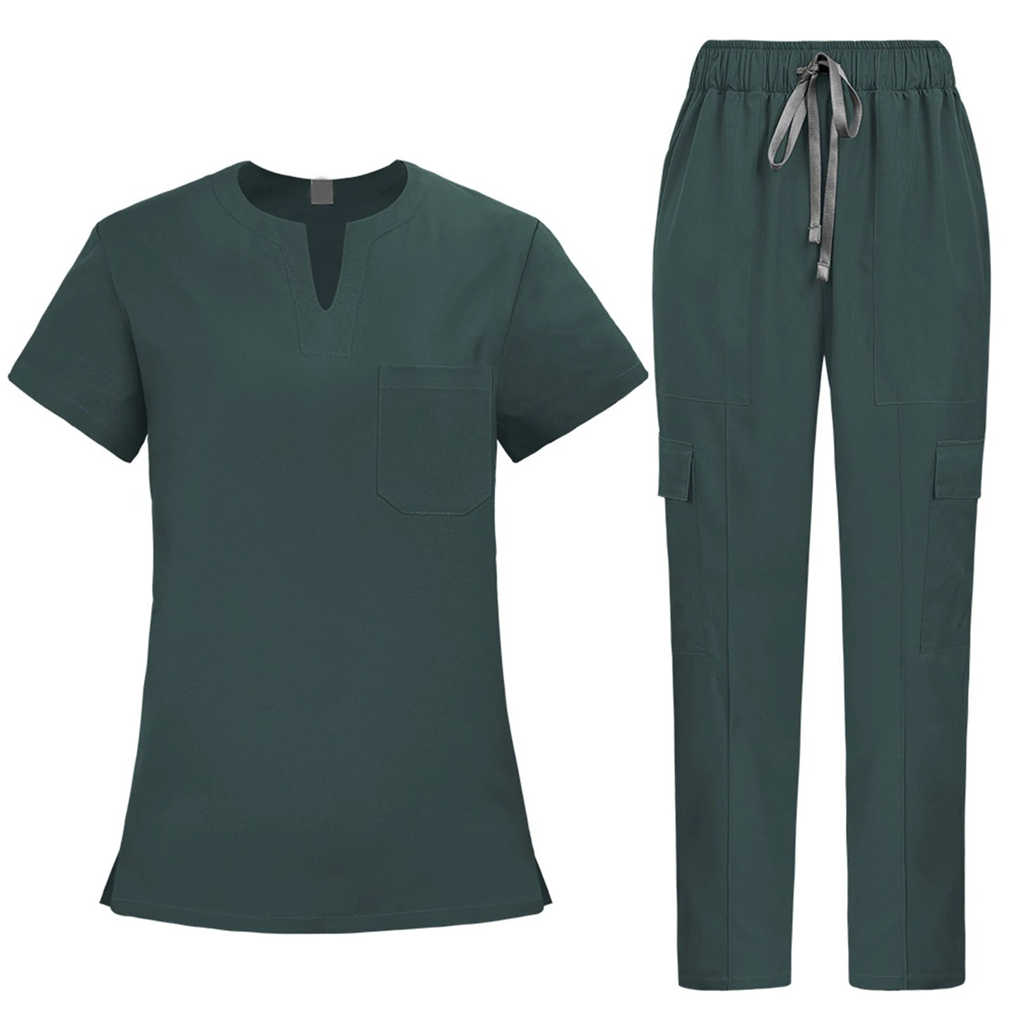 V-Notch Short Sleeve Multi-Pocket Cargo Pants Medical Uniform Healthcare  Professional Outfit