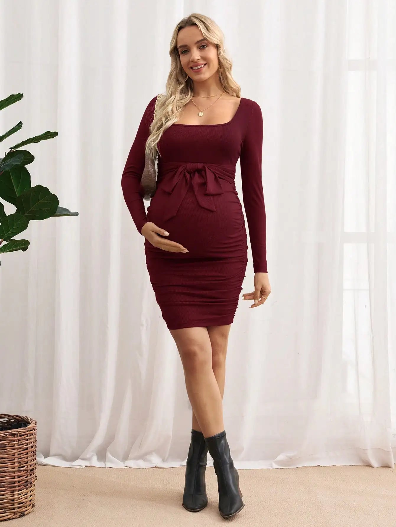 Maternity Solid Color V-Neck Long Sleeve Tie Waist Fitted Dress Burgundy
