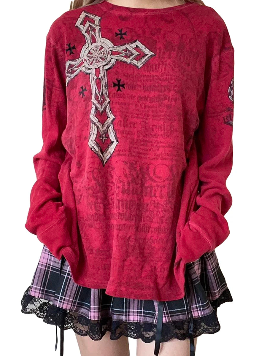 Women's Vintage Gothic Graphic Loose Long Sleeve Round Neck Top