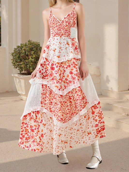 Women s Boho Floral Print Sleeveless V Neck Maxi Dress with Open Back and Flowy