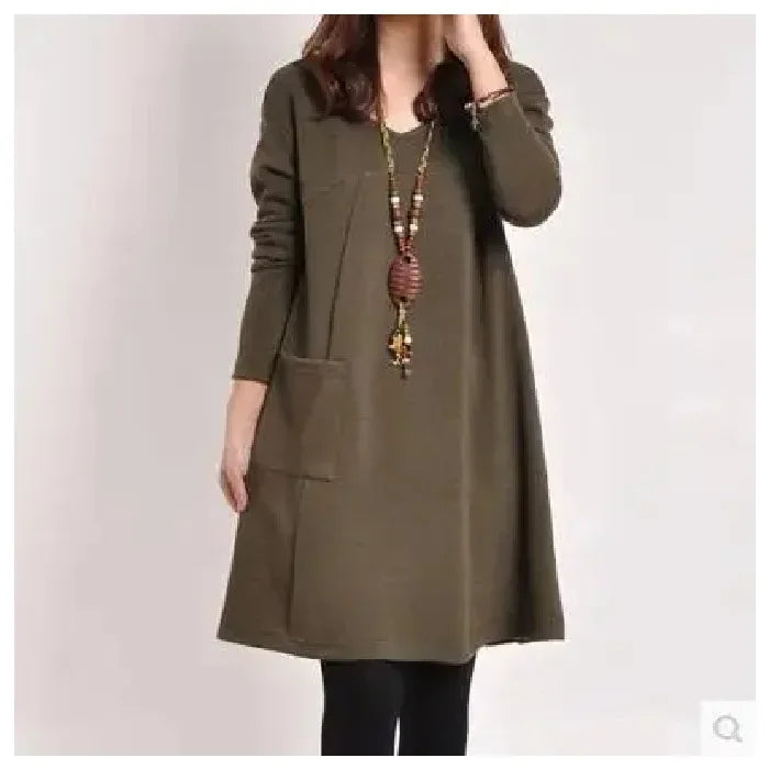 Loose Fit Long Sleeve Knee Length Dress For Women Autumn