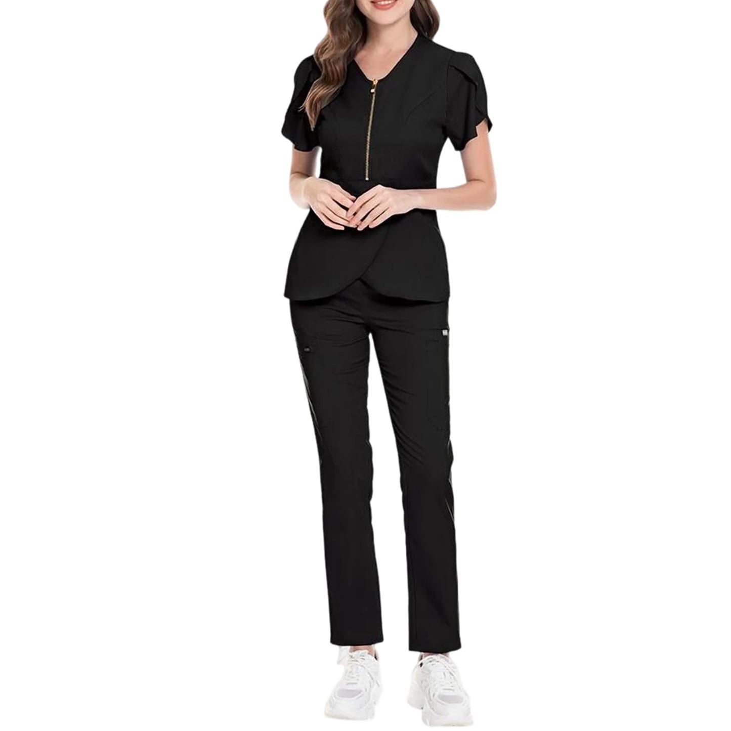 Women's Nurse Scrub Set V-Neck Short Sleeve Zipper Ruffle Sleeve Multi-Color Long Pants