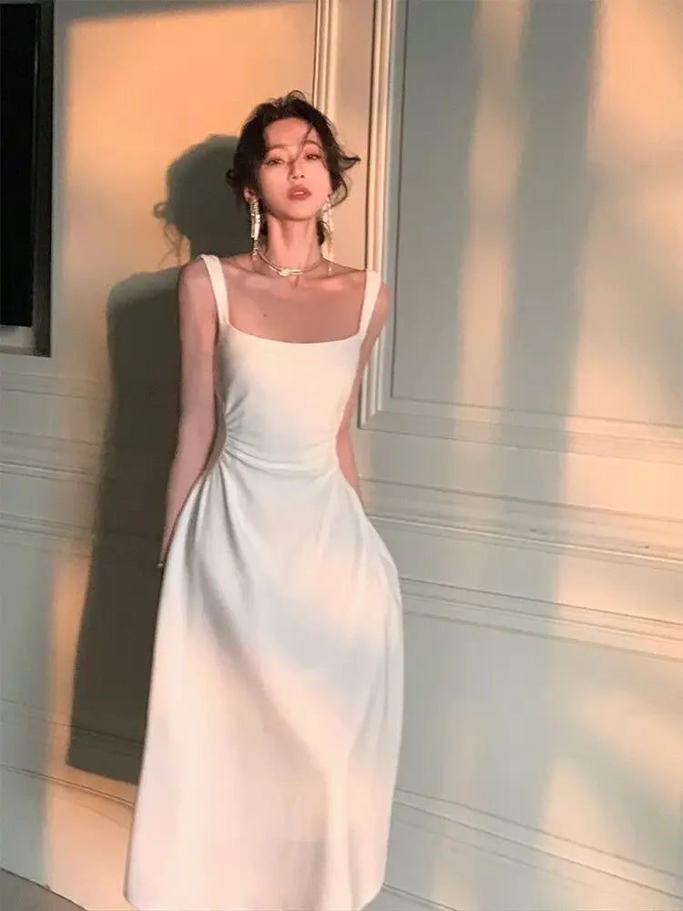 Elegant French Style High-End FeelSimple Square Collar White Tank Dress Medium-Length
