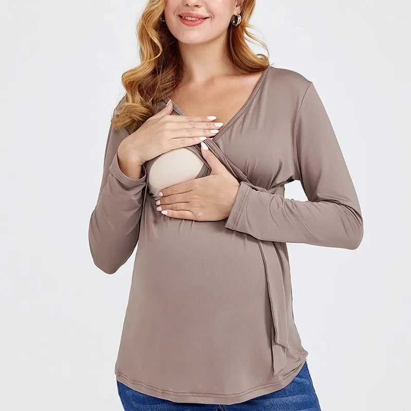 Maternity Blouses Long Sleeve V-neck Breastfeeding Shirt Tops Pregnancy Clothing