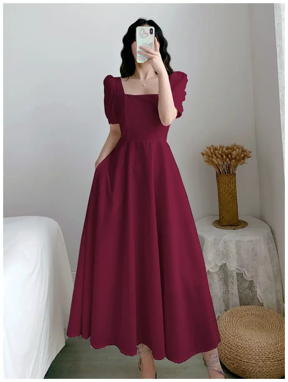 White Dress Bubble Sleeve Square Neck Light Wind Style Long Skirt Korean Style