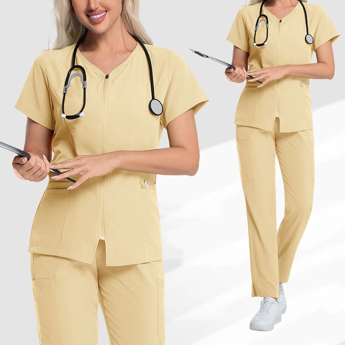 Scrub Set V-Neck Short Sleeve Zipper Multi-Pocket Solid Color Medical Uniform