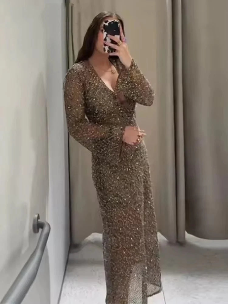 Sexy Sequined Long Pleated Dress Women Deep V-neck Full Sleeve See Through Dresses  ﻿