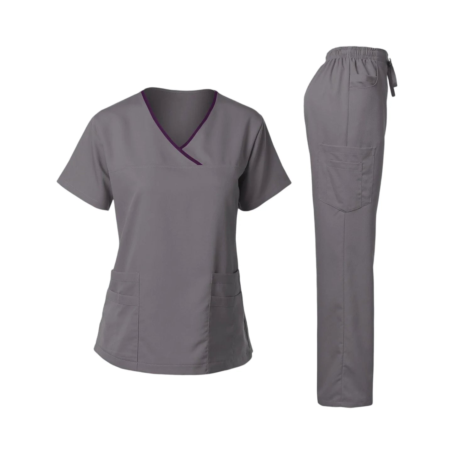 Nurse Scrub Set V Neck Short Sleeve Medical Uniform Pockets