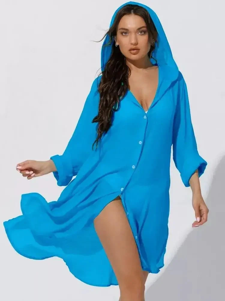 Women's Long Sleeve Button Down Tunic Dress Beach Cover Up