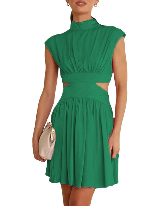 Women Velvet Stand Collar Pleated Party Dress Evening